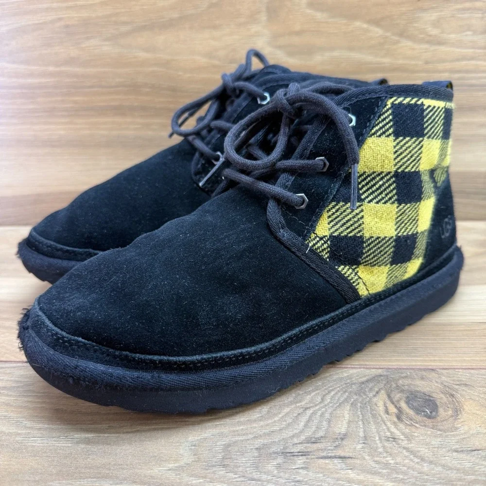 UGG Neumel Chukka Boot Youth Kids Size 5 Black Yellow Gingham Sherpa Fur Lined